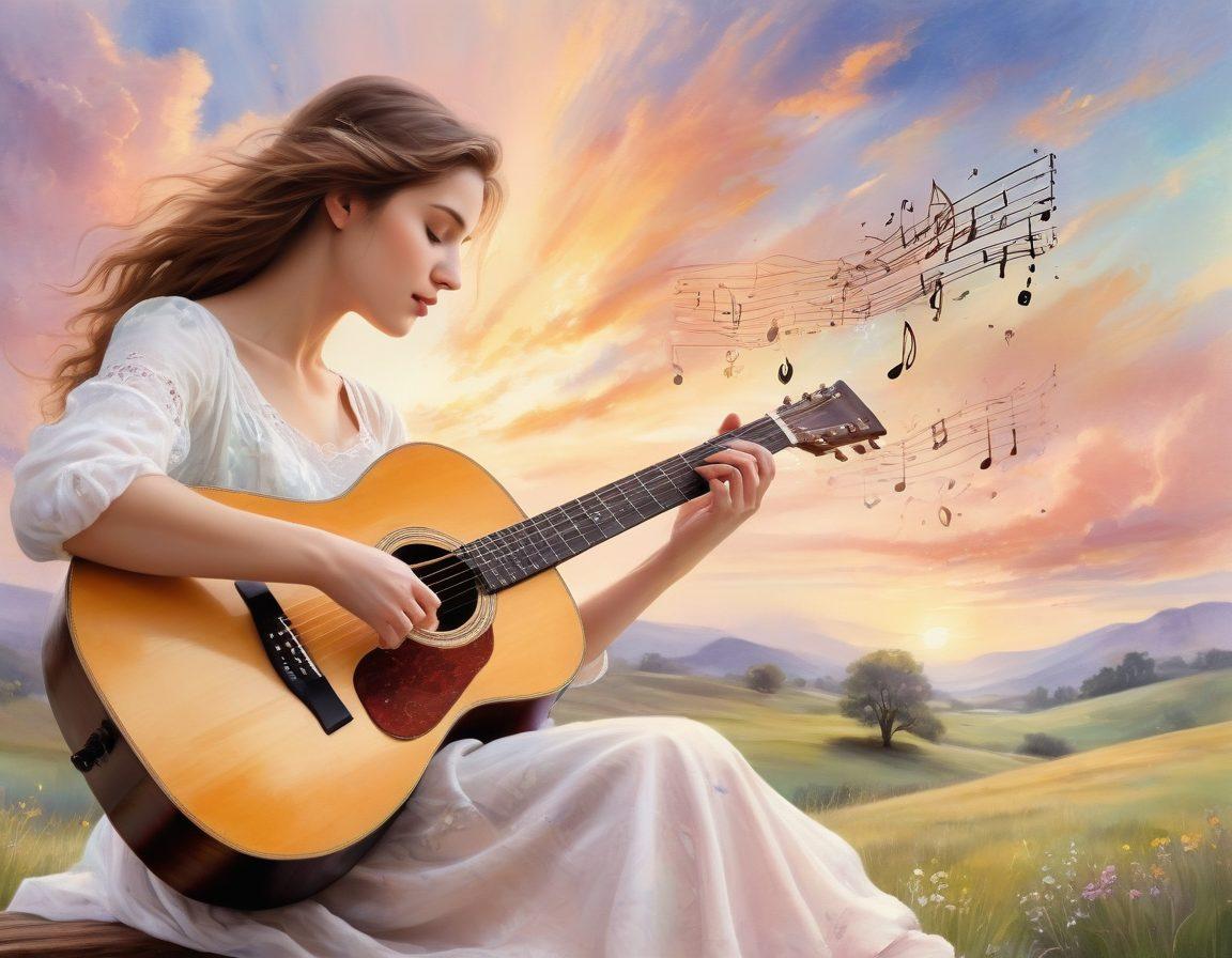 A graceful hand gently strumming a guitar, with musical notes transforming into flowing poetic verses in the air. Surrounding the scene, soft pastel colors bring warmth, while subtle heart shapes float among the notes, symbolizing affection. The background features a dreamy landscape of clouds and sunlight, blending the musical and poetic themes beautifully. watercolor painting. soft hues. ethereal atmosphere.