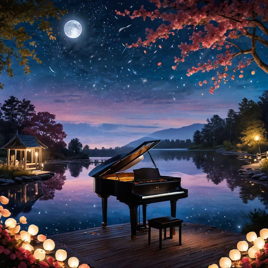 A serene scene of a musician playing a grand piano under a starry night sky, with soft glowing lanterns fluttering around. Rose petals gently falling as the moonlight reflects on a nearby lake, symbolizing romance and heartfelt melodies. Subtle notes floating in the air, evoking emotions of love and connection. A warm color palette with a dreamy atmosphere. super-realistic. vibrant colors.