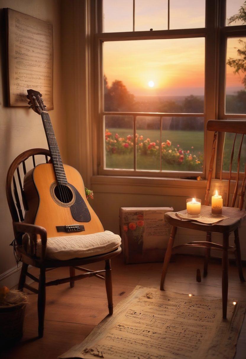 A cozy, candlelit room filled with musical notes and handwritten lyrics scattered around. An acoustic guitar leans against a vintage wooden chair, with a beautiful sunset visible through a window, creating a warm atmosphere. Floral elements weave throughout the scene, symbolizing romance and creativity. Super-realistic. Warm tones. Soft focus.